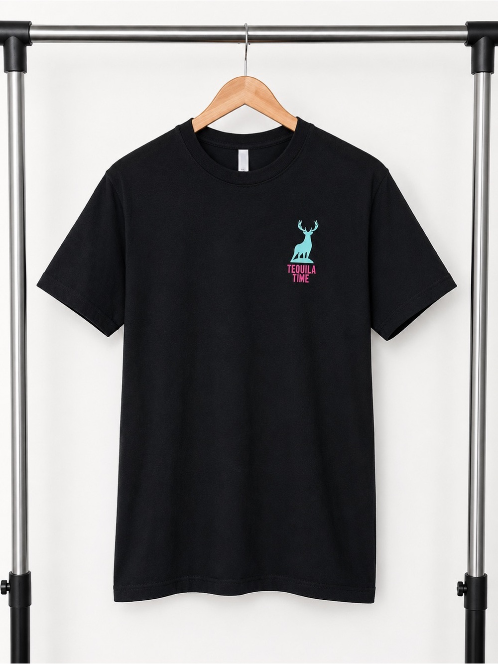 Black Short Sleeve Tee with Teal Deer and Pink 'Tequila Time' Graphic